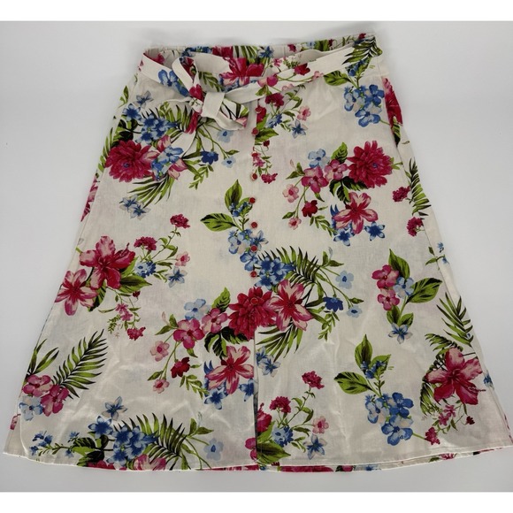 Vintage Linen Blend Skirt Women's Size Large Floral Print Tie Waist Midi A‎ Line - Picture 1 of 7